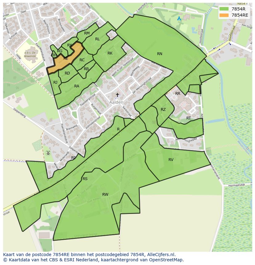 Afbeelding van het postcodegebied 7854 RE op de kaart.