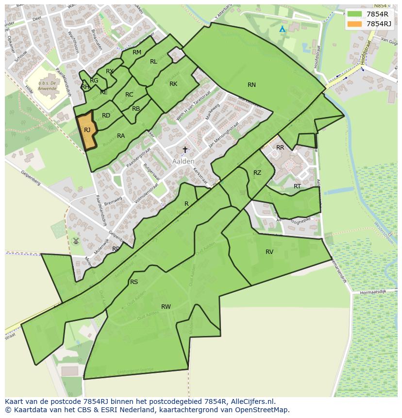 Afbeelding van het postcodegebied 7854 RJ op de kaart.