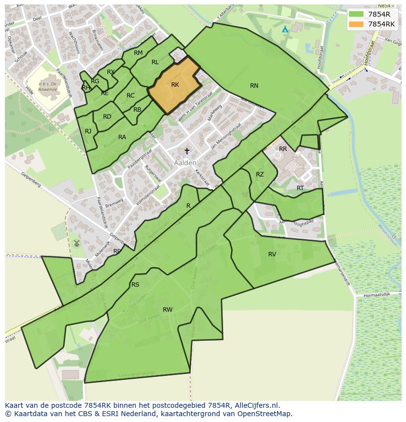 Afbeelding van het postcodegebied 7854 RK op de kaart.