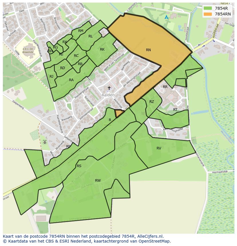 Afbeelding van het postcodegebied 7854 RN op de kaart.