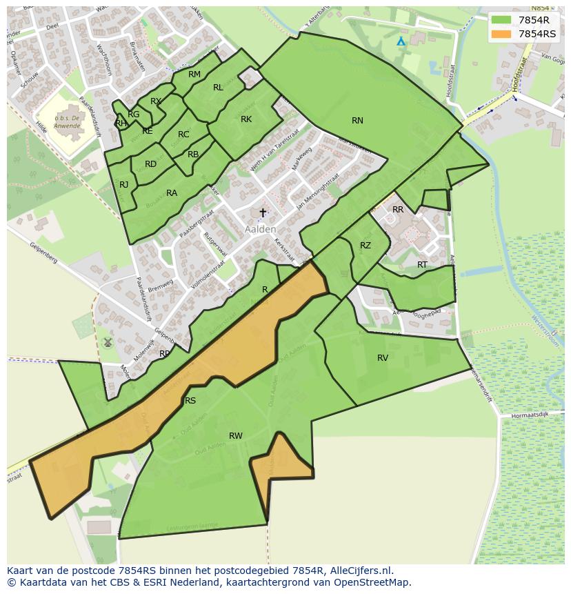 Afbeelding van het postcodegebied 7854 RS op de kaart.