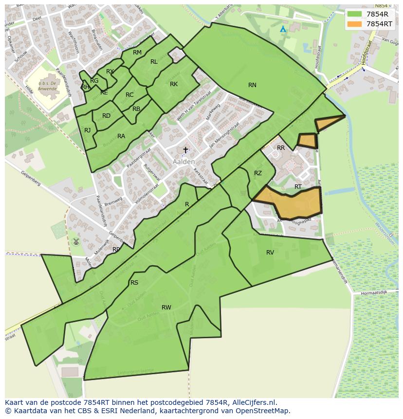 Afbeelding van het postcodegebied 7854 RT op de kaart.