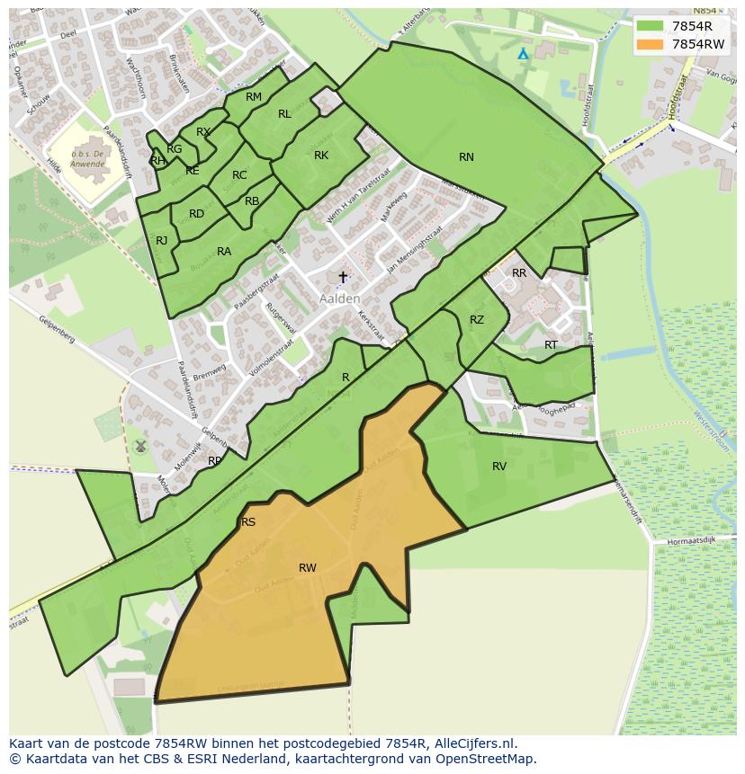 Afbeelding van het postcodegebied 7854 RW op de kaart.