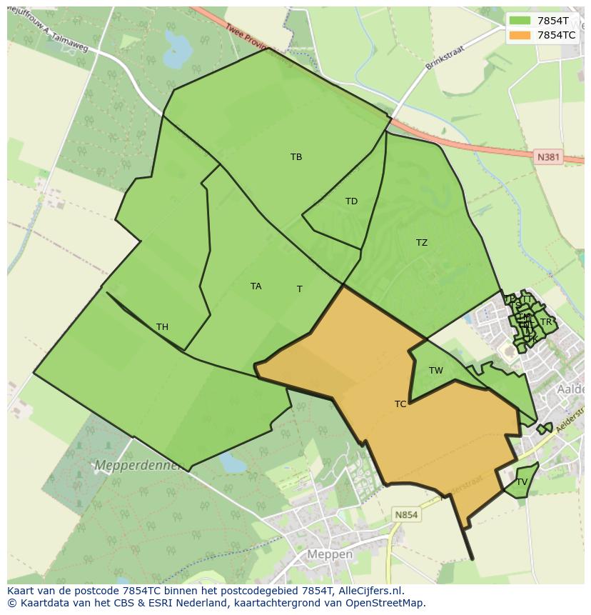 Afbeelding van het postcodegebied 7854 TC op de kaart.