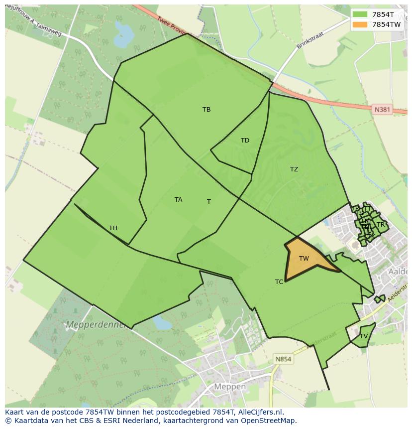 Afbeelding van het postcodegebied 7854 TW op de kaart.