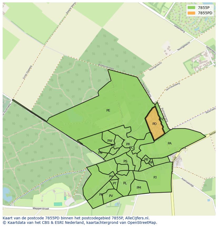 Afbeelding van het postcodegebied 7855 PD op de kaart.