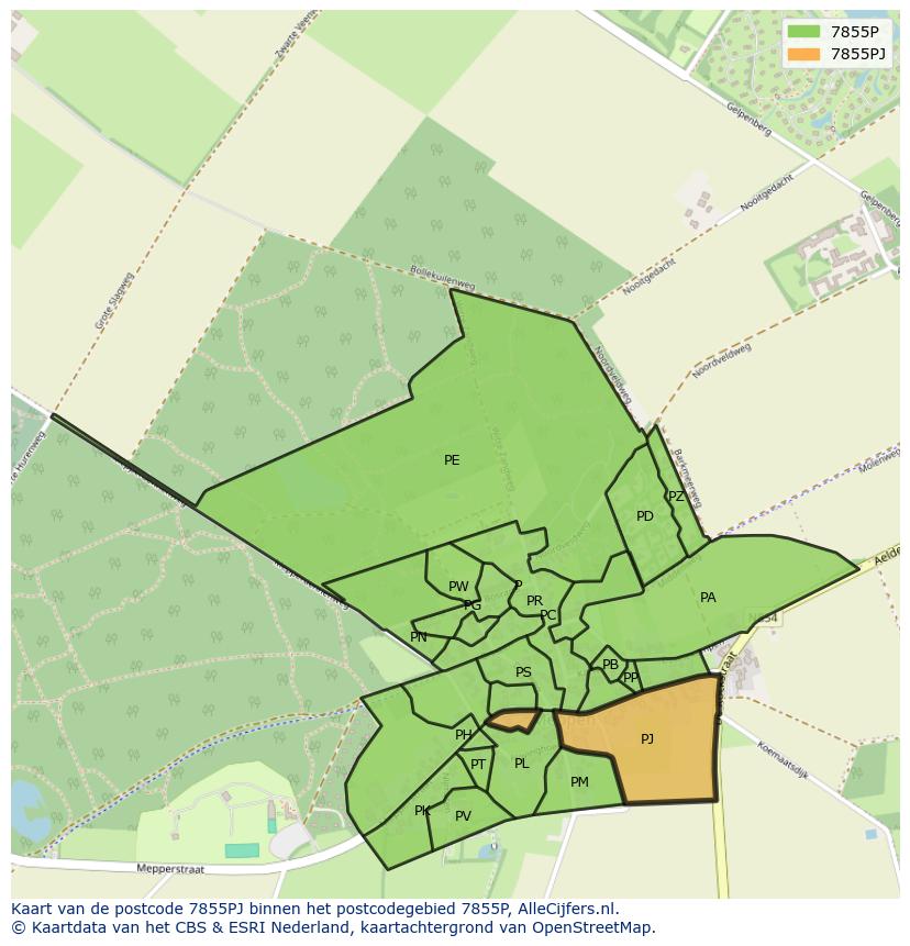 Afbeelding van het postcodegebied 7855 PJ op de kaart.