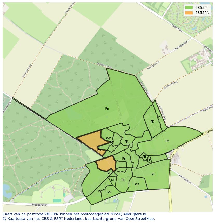 Afbeelding van het postcodegebied 7855 PN op de kaart.