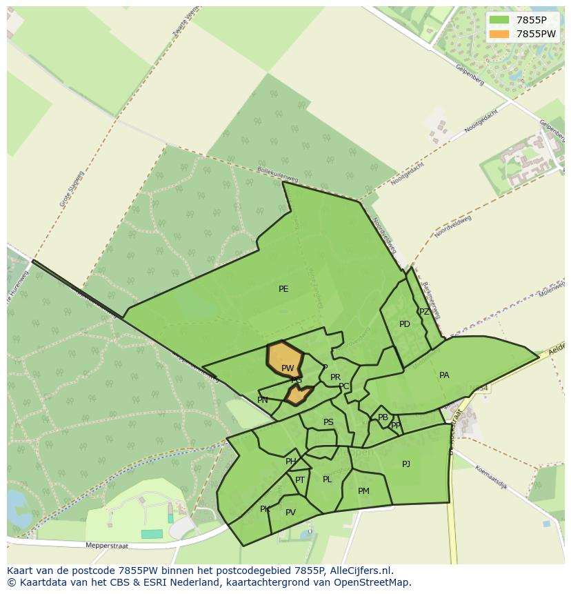 Afbeelding van het postcodegebied 7855 PW op de kaart.