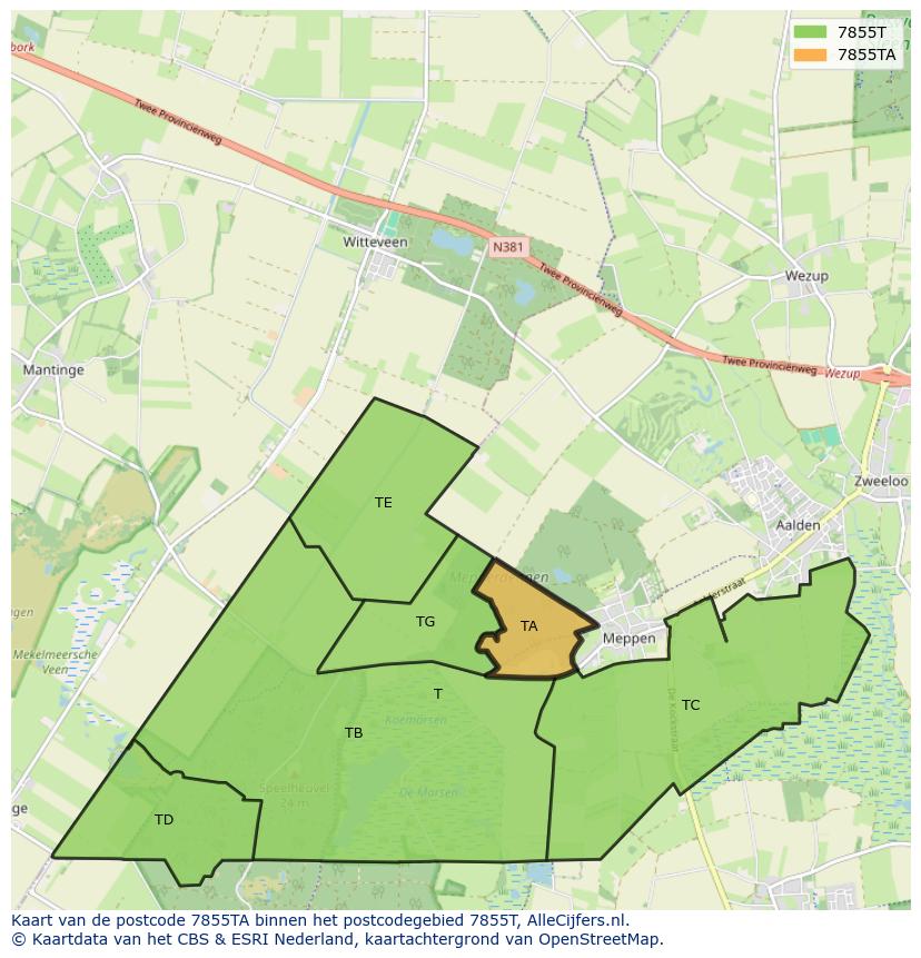 Afbeelding van het postcodegebied 7855 TA op de kaart.