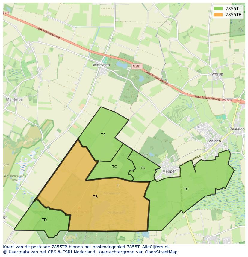 Afbeelding van het postcodegebied 7855 TB op de kaart.
