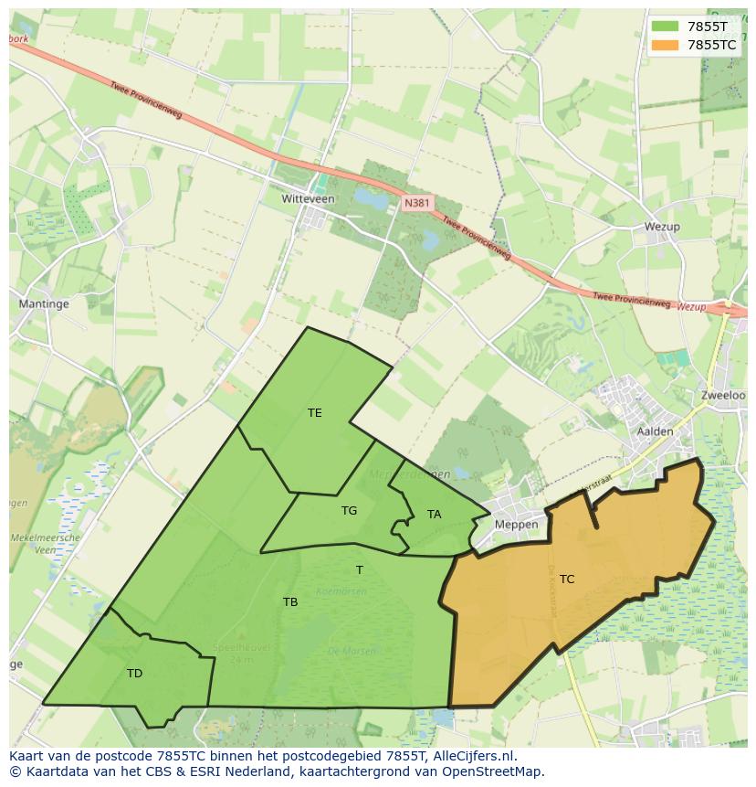 Afbeelding van het postcodegebied 7855 TC op de kaart.