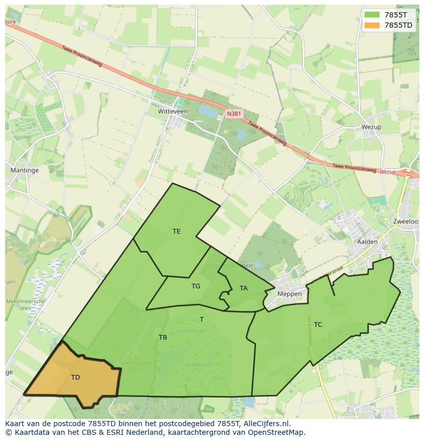 Afbeelding van het postcodegebied 7855 TD op de kaart.