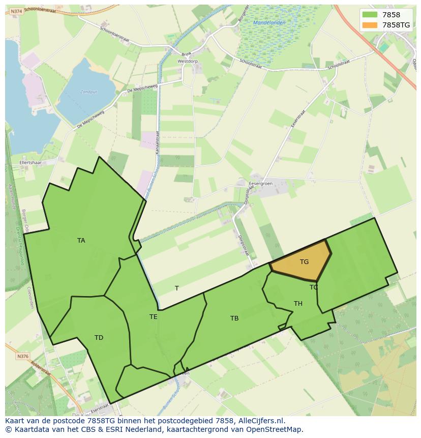 Afbeelding van het postcodegebied 7858 TG op de kaart.