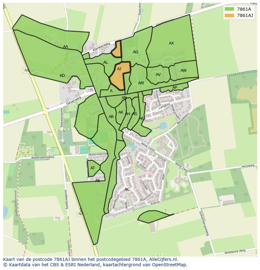 Afbeelding van het postcodegebied 7861 AJ op de kaart.