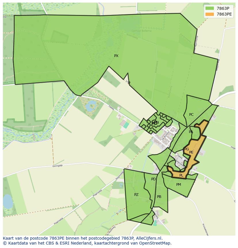 Afbeelding van het postcodegebied 7863 PE op de kaart.