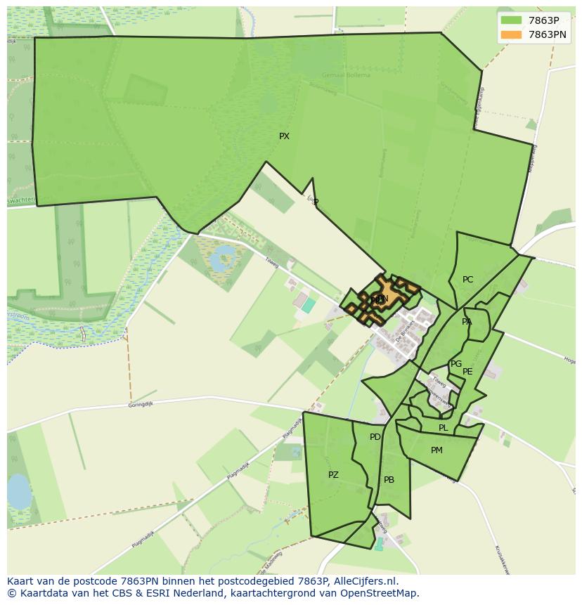 Afbeelding van het postcodegebied 7863 PN op de kaart.