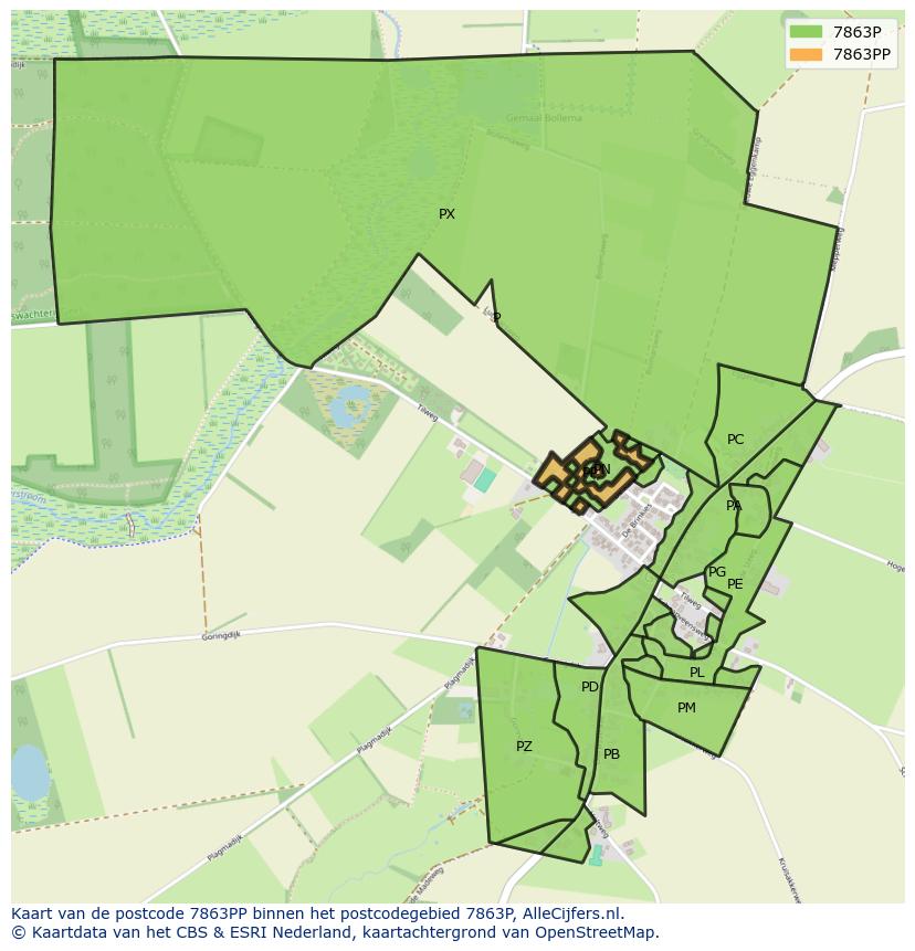 Afbeelding van het postcodegebied 7863 PP op de kaart.