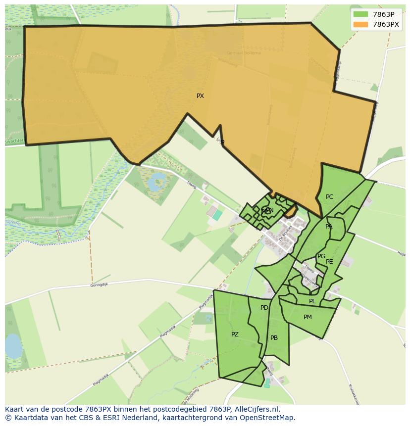 Afbeelding van het postcodegebied 7863 PX op de kaart.