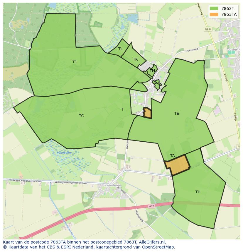 Afbeelding van het postcodegebied 7863 TA op de kaart.