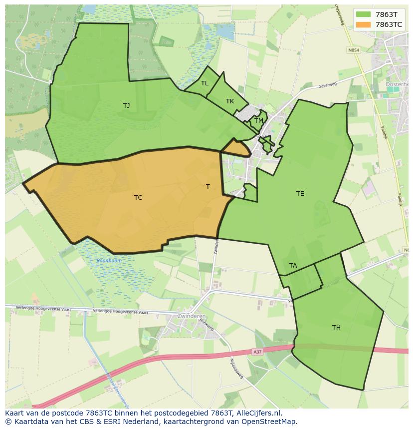 Afbeelding van het postcodegebied 7863 TC op de kaart.