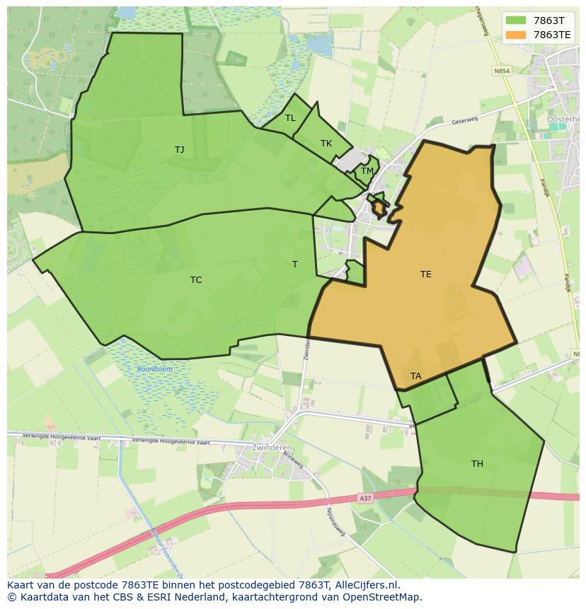 Afbeelding van het postcodegebied 7863 TE op de kaart.