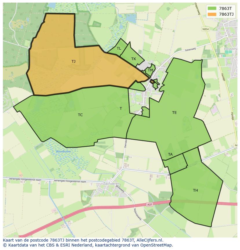 Afbeelding van het postcodegebied 7863 TJ op de kaart.