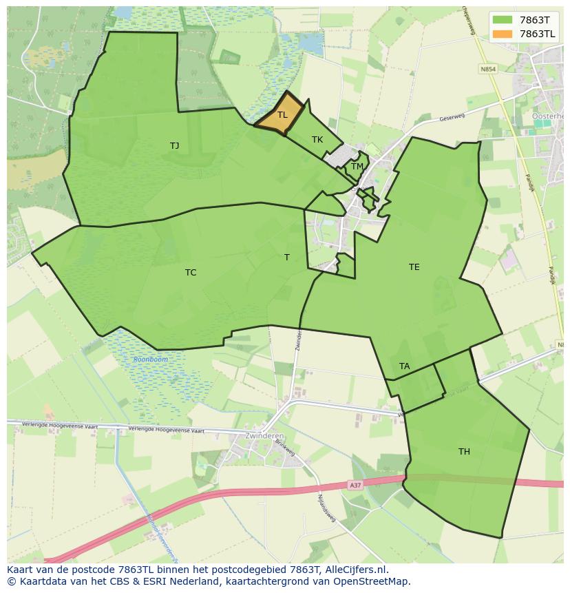 Afbeelding van het postcodegebied 7863 TL op de kaart.