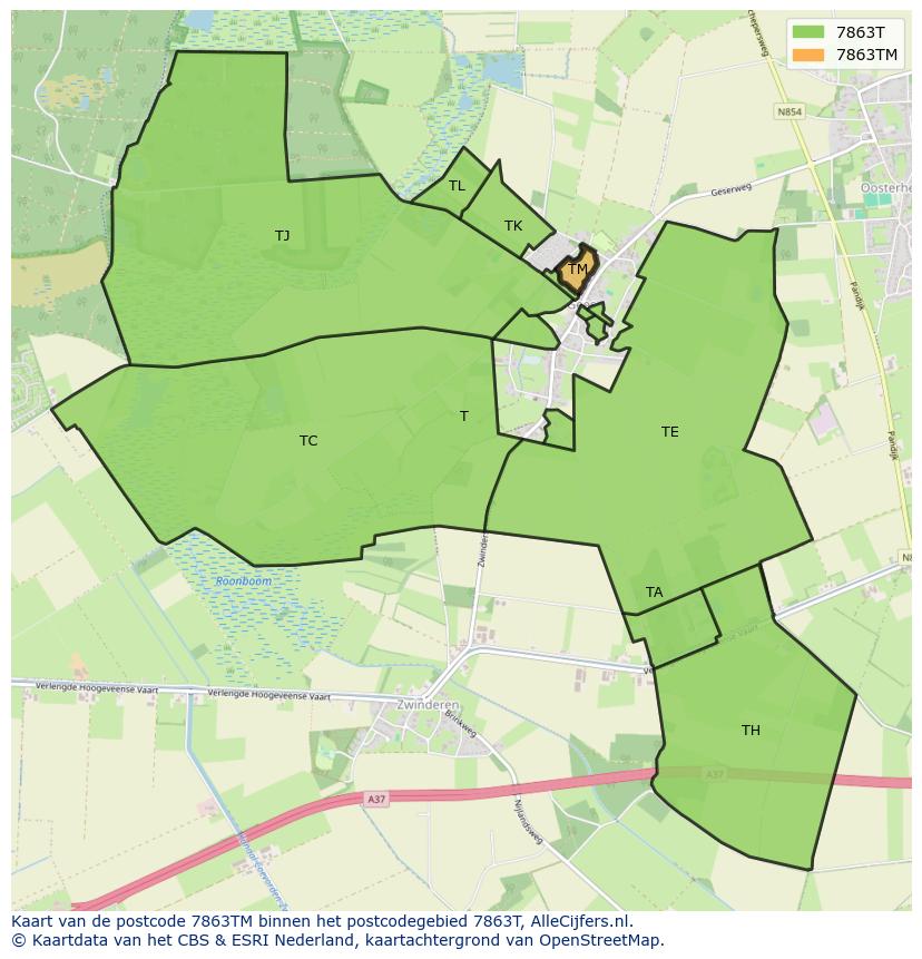Afbeelding van het postcodegebied 7863 TM op de kaart.