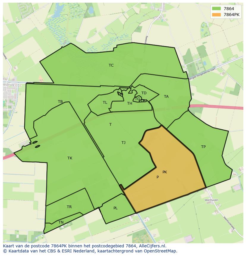 Afbeelding van het postcodegebied 7864 PK op de kaart.