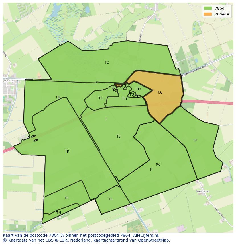 Afbeelding van het postcodegebied 7864 TA op de kaart.