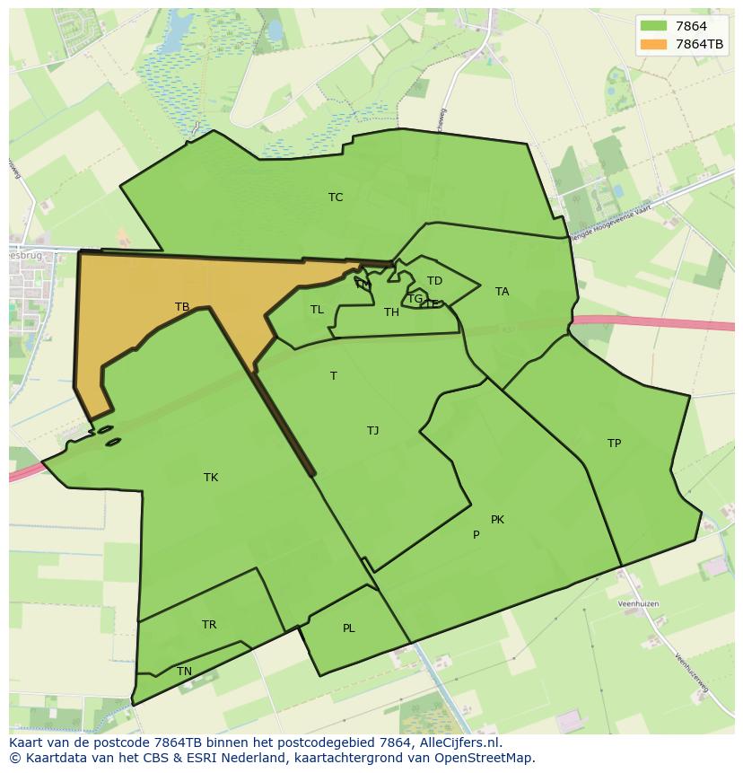 Afbeelding van het postcodegebied 7864 TB op de kaart.