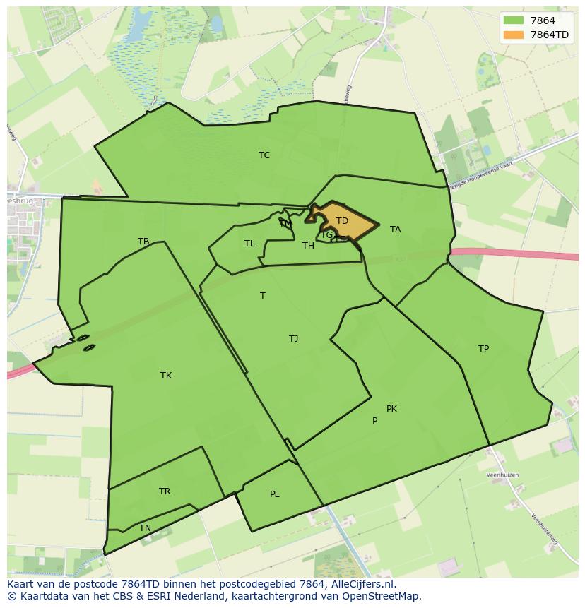 Afbeelding van het postcodegebied 7864 TD op de kaart.
