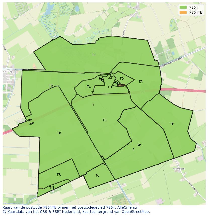 Afbeelding van het postcodegebied 7864 TE op de kaart.
