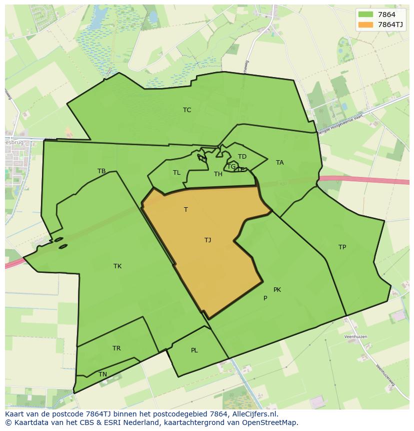 Afbeelding van het postcodegebied 7864 TJ op de kaart.