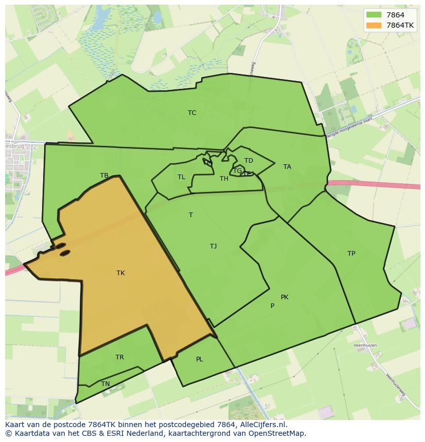 Afbeelding van het postcodegebied 7864 TK op de kaart.