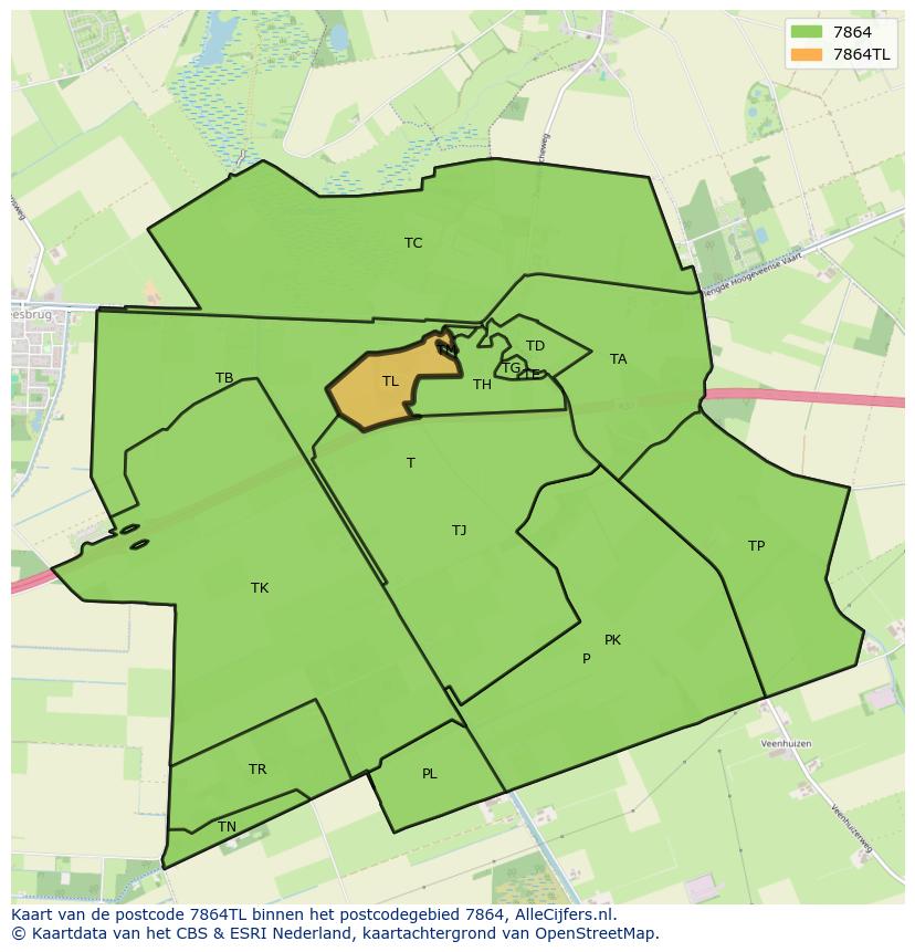 Afbeelding van het postcodegebied 7864 TL op de kaart.