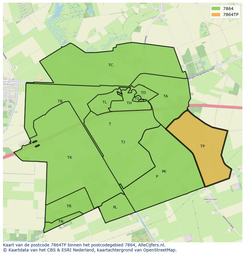 Afbeelding van het postcodegebied 7864 TP op de kaart.