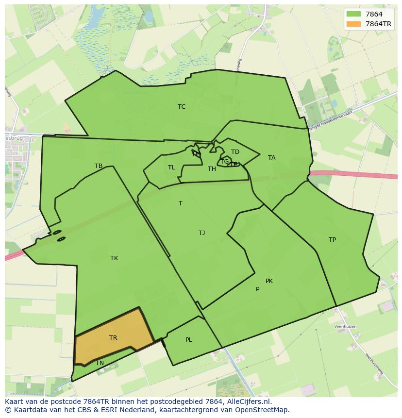 Afbeelding van het postcodegebied 7864 TR op de kaart.