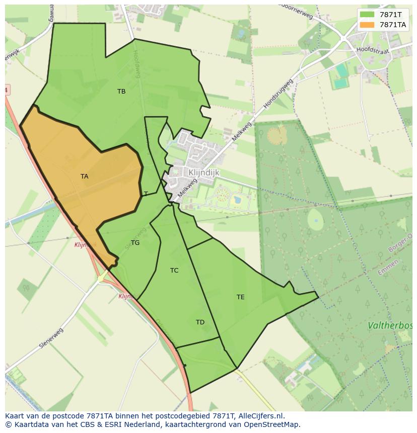 Afbeelding van het postcodegebied 7871 TA op de kaart.