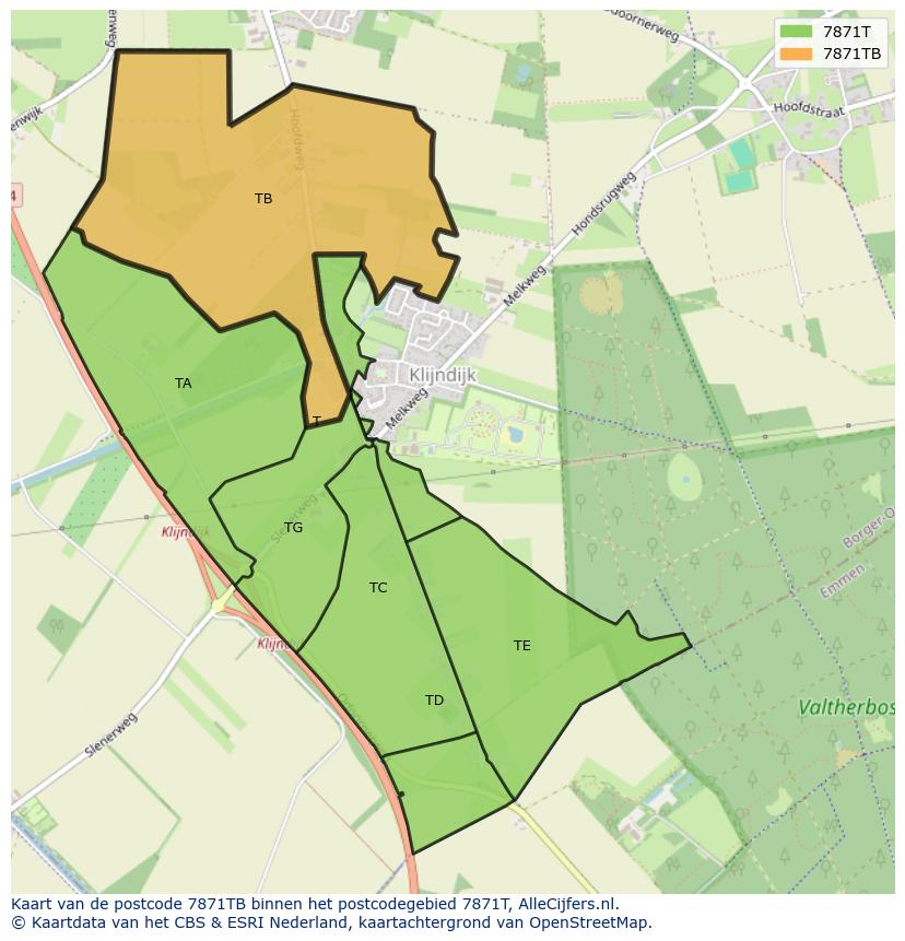 Afbeelding van het postcodegebied 7871 TB op de kaart.