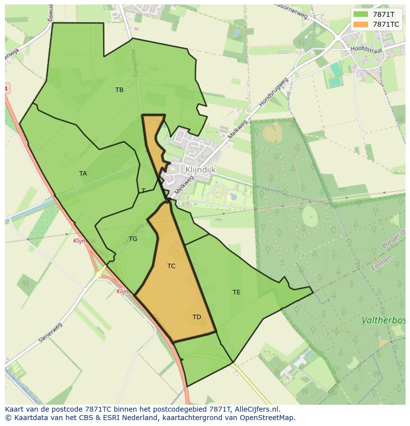 Afbeelding van het postcodegebied 7871 TC op de kaart.
