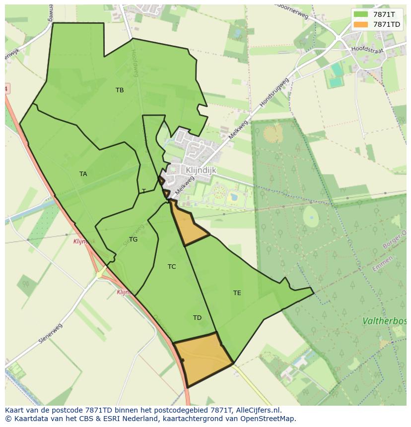 Afbeelding van het postcodegebied 7871 TD op de kaart.