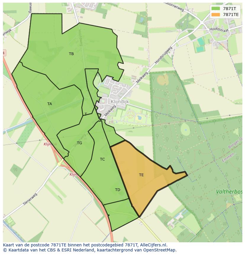 Afbeelding van het postcodegebied 7871 TE op de kaart.
