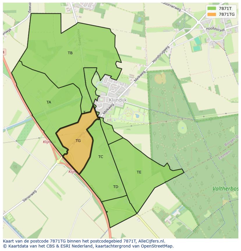 Afbeelding van het postcodegebied 7871 TG op de kaart.