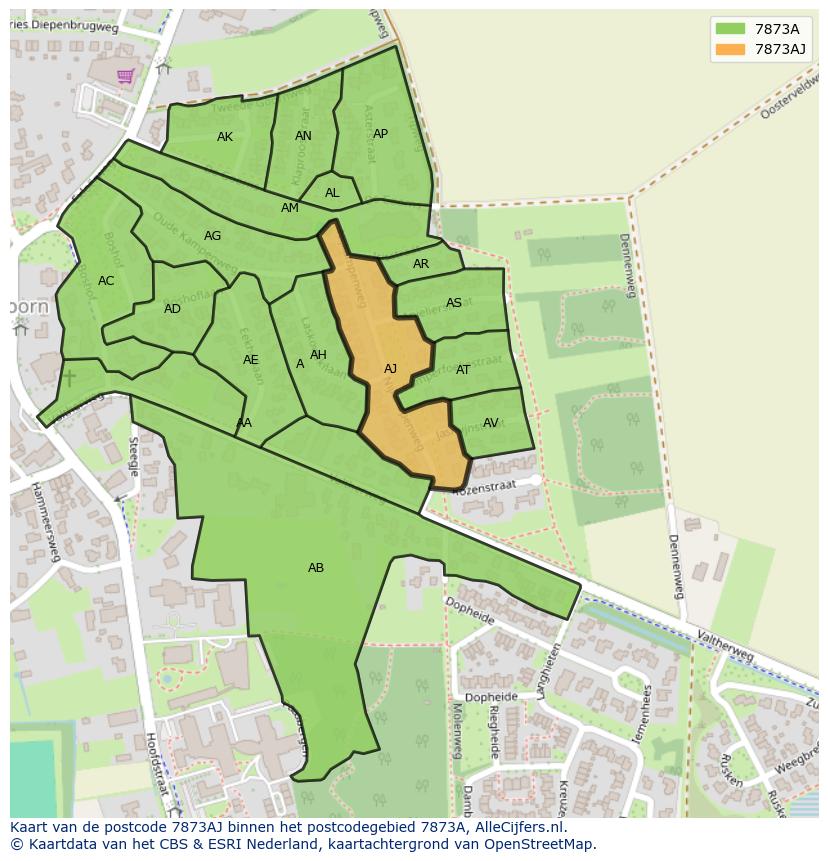 Afbeelding van het postcodegebied 7873 AJ op de kaart.