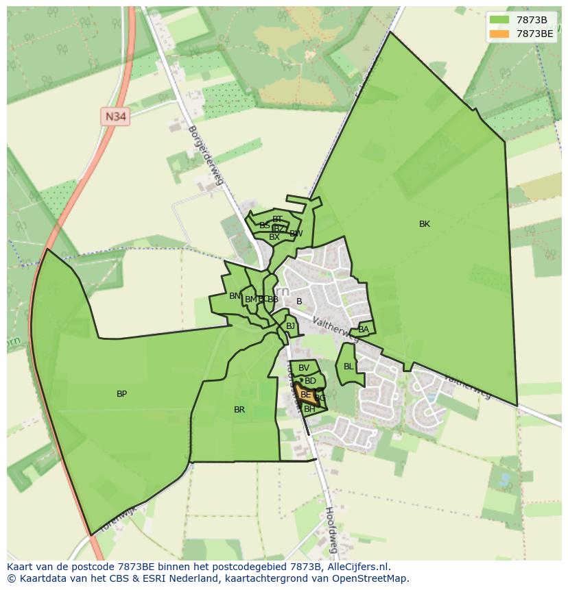 Afbeelding van het postcodegebied 7873 BE op de kaart.