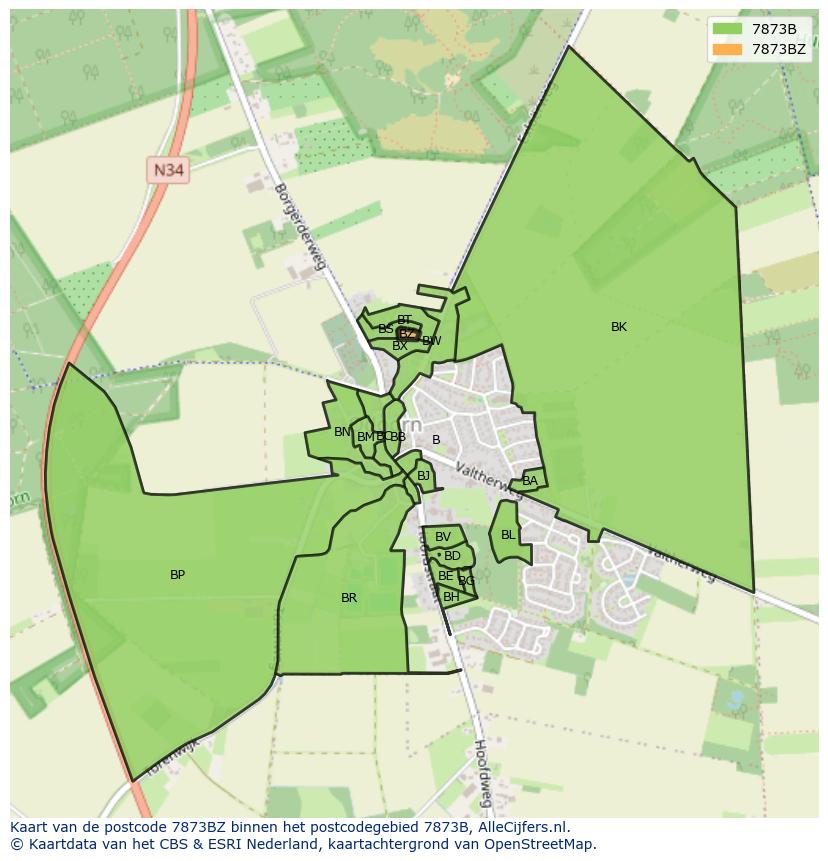 Afbeelding van het postcodegebied 7873 BZ op de kaart.