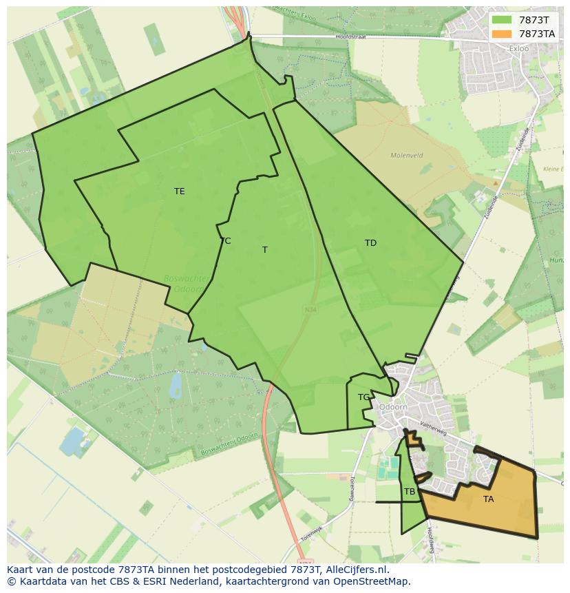 Afbeelding van het postcodegebied 7873 TA op de kaart.
