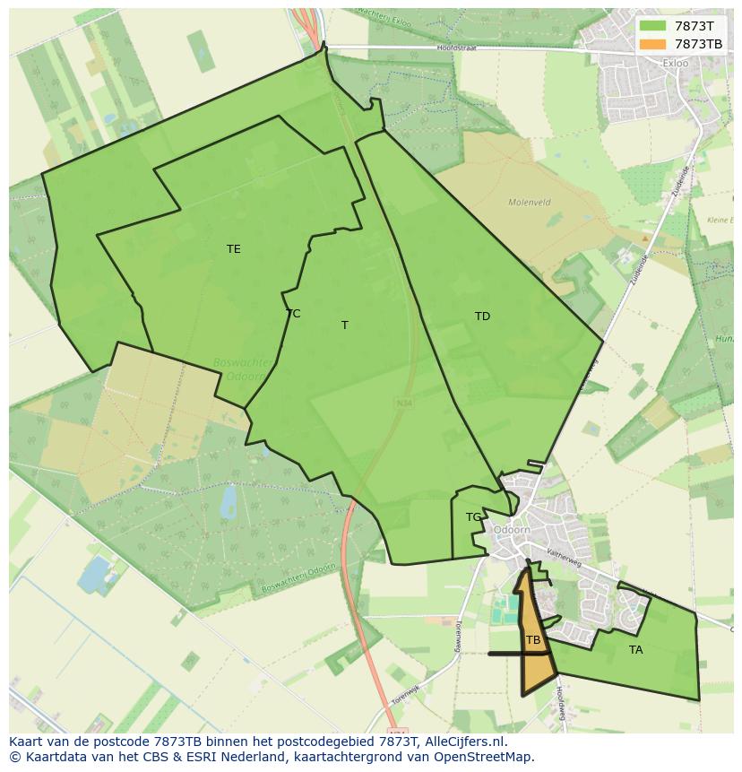 Afbeelding van het postcodegebied 7873 TB op de kaart.